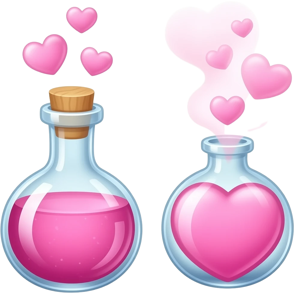 A glowing aphrodisiac potion bottle releasing soft pink, heart-shaped mist, no lid emoji