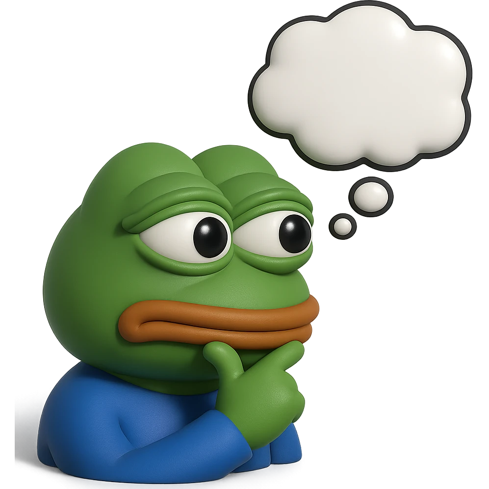 make a pepe with thought bubble looking at left side in 3d style, good highlights and shadows, drop shadows  emoji