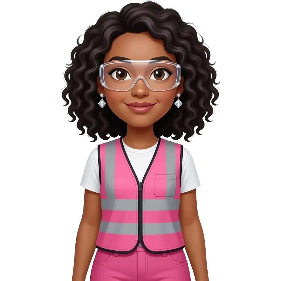light skin women with shoulder length curly black hair wearing diamond earrings wearing pink and clear safety glasses wearing a pink construction vest wearing pink pants emoji