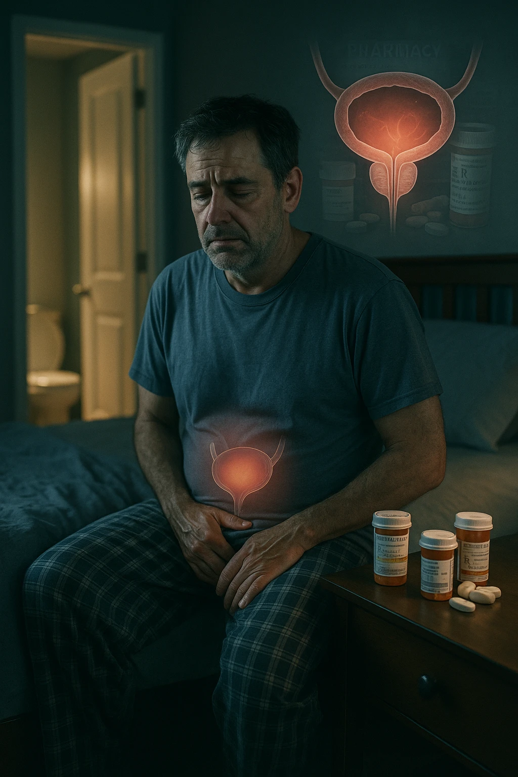 A middle-aged man sits on the edge of his bed in a dimly lit bedroom, looking exhausted and frustrated. On the nightstand beside him are several prescription pill bottles, loosely organized, some open — suggesting long-term medication use. In the background, the bathroom door glows softly, partially open, with a faint reflection of the toilet visible, indicating frequent nighttime trips. The man wears a loose T-shirt and pajama pants, his posture slightly curved as he gently touches his lower abdomen, symbolizing bladder discomfort. His eyes have dark circles, his expression is drained. The color palette is muted blues and greys, with a cinematic soft focus and ambient light highlighting emotional fatigue. A subtle overlay of pill labels and bladder imagery could be added for educational use. emoji