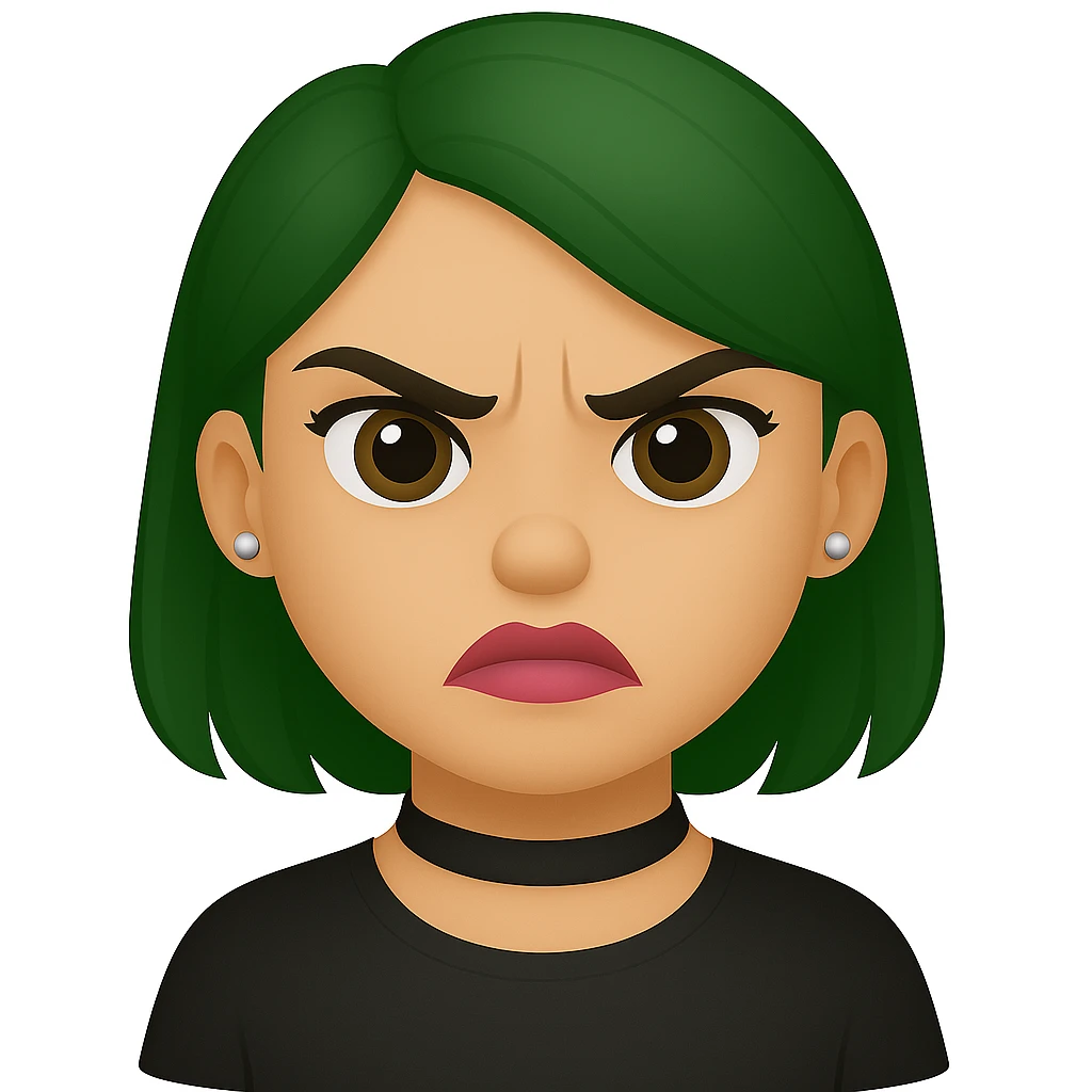 Create an emoji style image of a girl with green hair and an angry expression. She has hazel eyes, lipstick blended with nude and pink, silver stud earrings, and a choker necklace. emoji