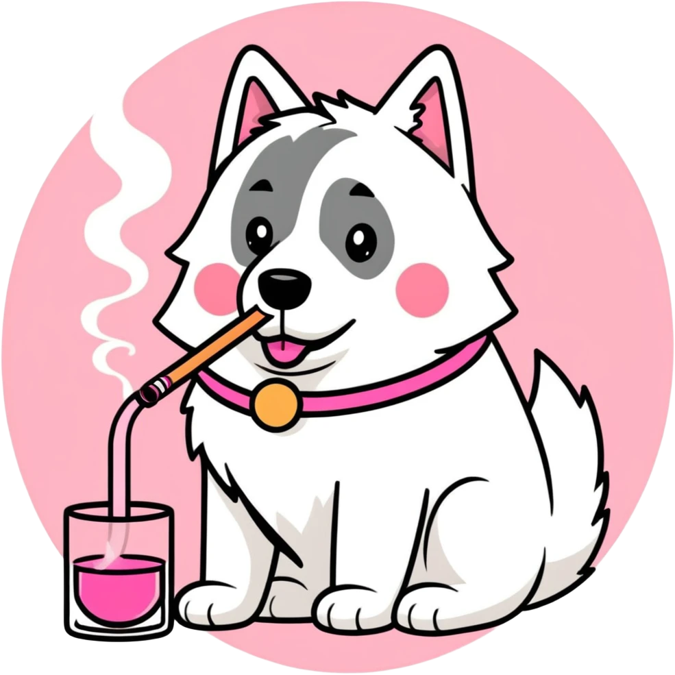White belgian Shepard smokes a pink bong emoji
