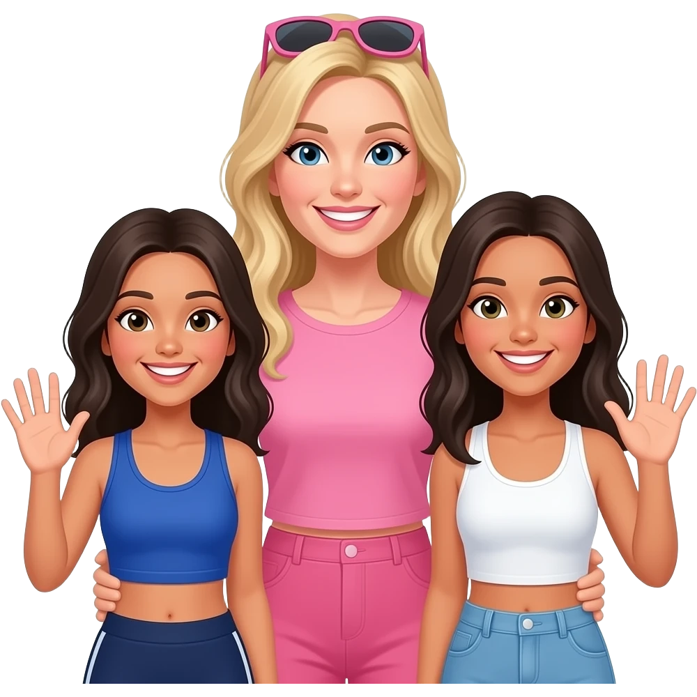 Long Blonde haired Caucasian Mum wearing pink and sunglasses on top of head, with one teenage dark hair daughter wearing cobolt gym top and slightly taller teenage dark haired teenage daughter wearing white halter neck top all smiling and waving emoji