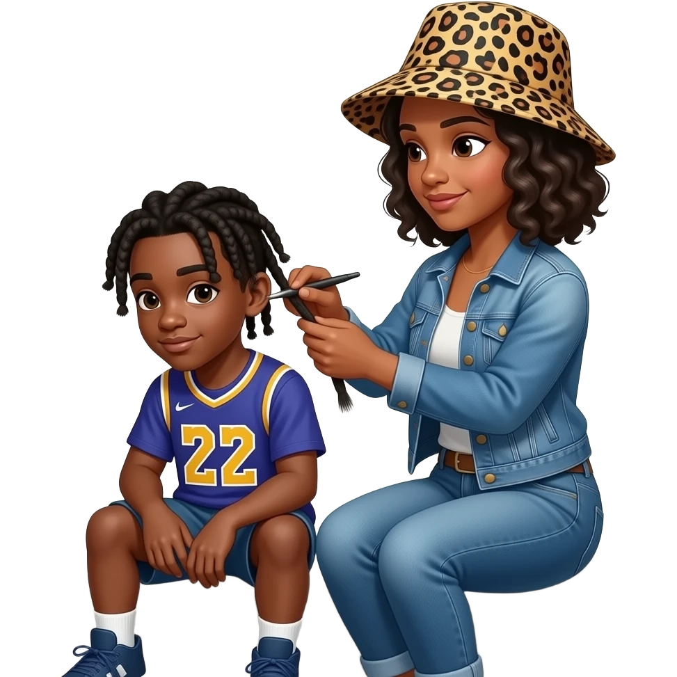 African American teenage boy with corn roll style braids  sitting on house porch steps wearing a jersey shirt with the number 22 on it, getting his hair braided by a African American woman with shoulder length curly black hair wearing a leopard print bucket hat wearing denim jeans and a denim jacket emoji
