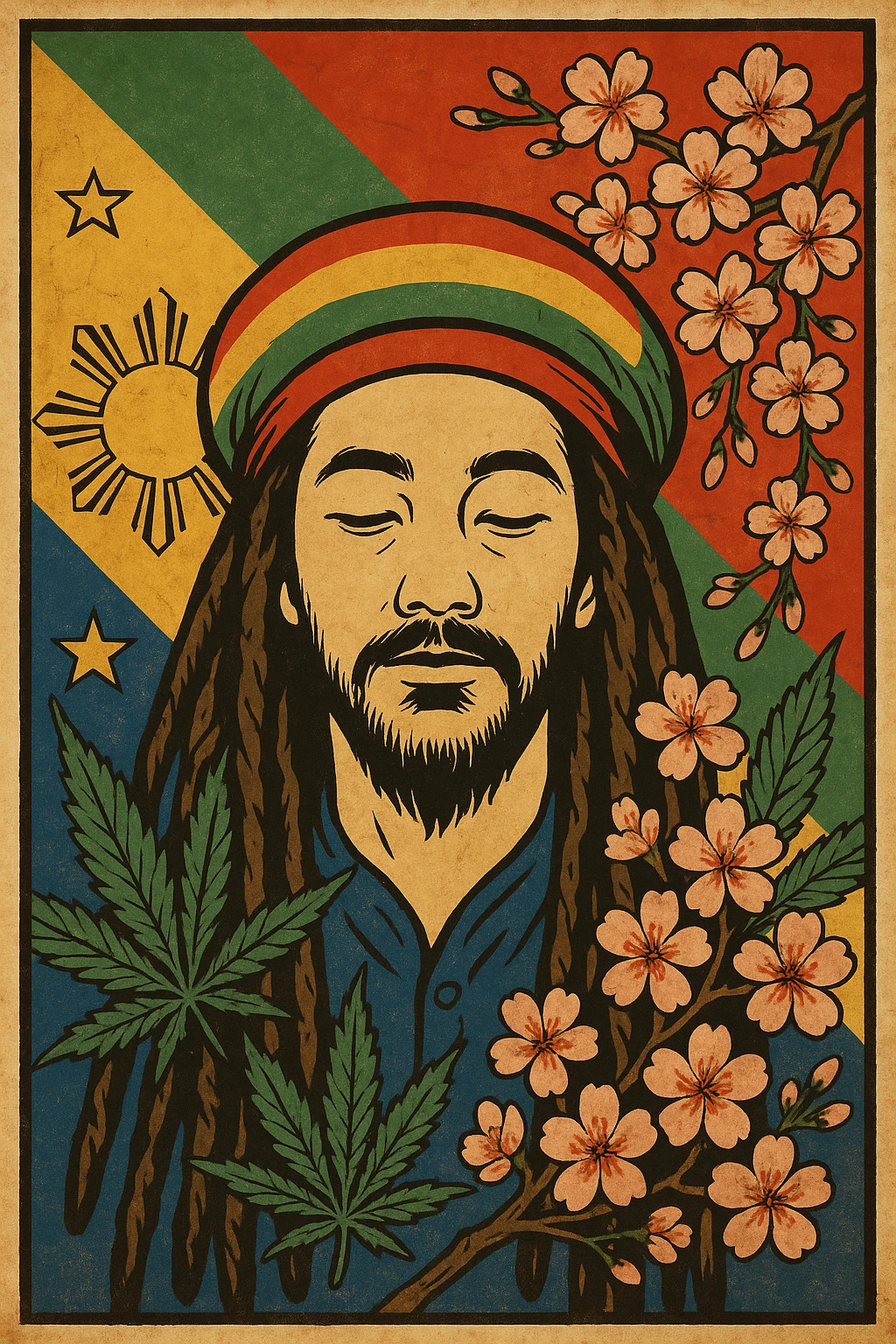 Vintage poster of an Asian Rasta with long dreadlocks, peaceful eyes, and a red-gold-green tam. Surrounded by cherry blossoms and ganja leaves. Background blends Rasta colors into an Asian flag (e.g., red sun from Japan or Chinese star). Retro reggae fusion vibe, with bold lines and aged paper texture. Philippines 
 emoji