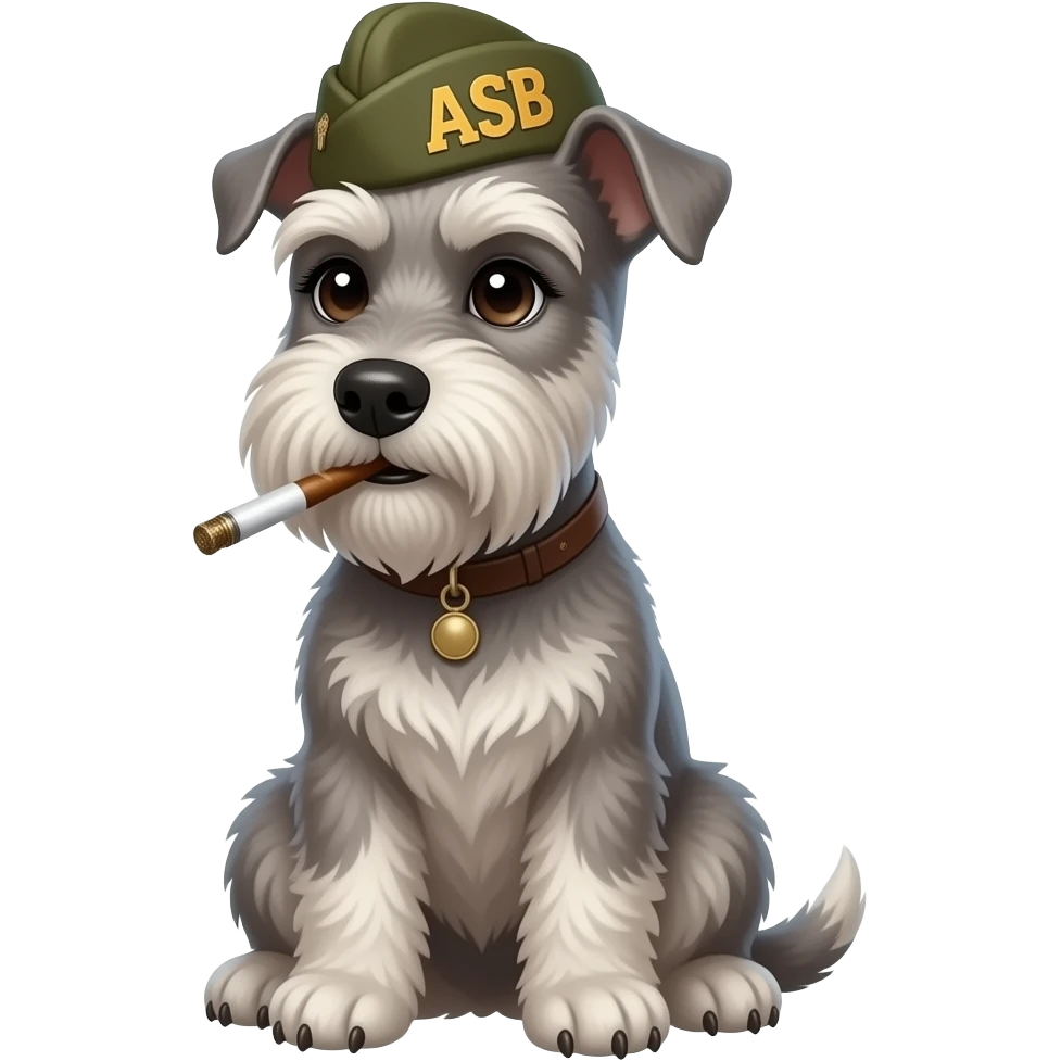 Perro schnauzer color hueso, hembra  con pestañas  sentada con un vape sacando humo, con una gorra de volteada a la derecha con un diseño  militar y que la gorra tenga las letras de ASB  en el centro emoji