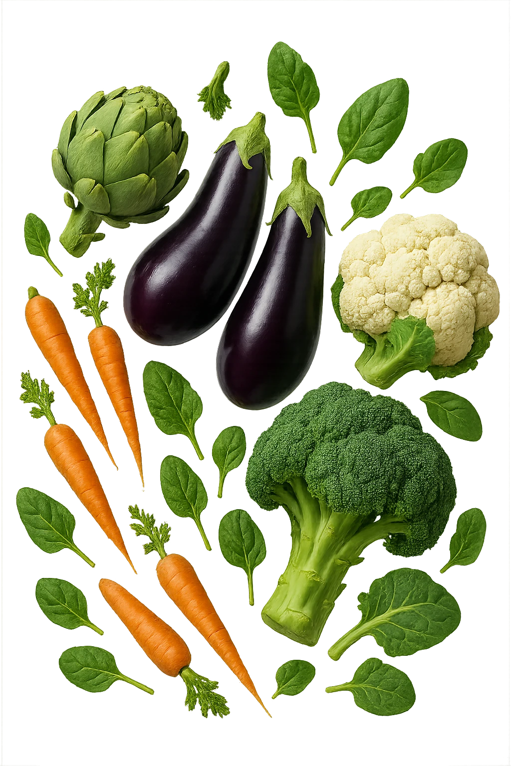 Carciofi, melanzane, carote, spinaci, broccoli, cavolfiore FLUTTUANO IN ARIA, IPERREALISTICO 4K emoji