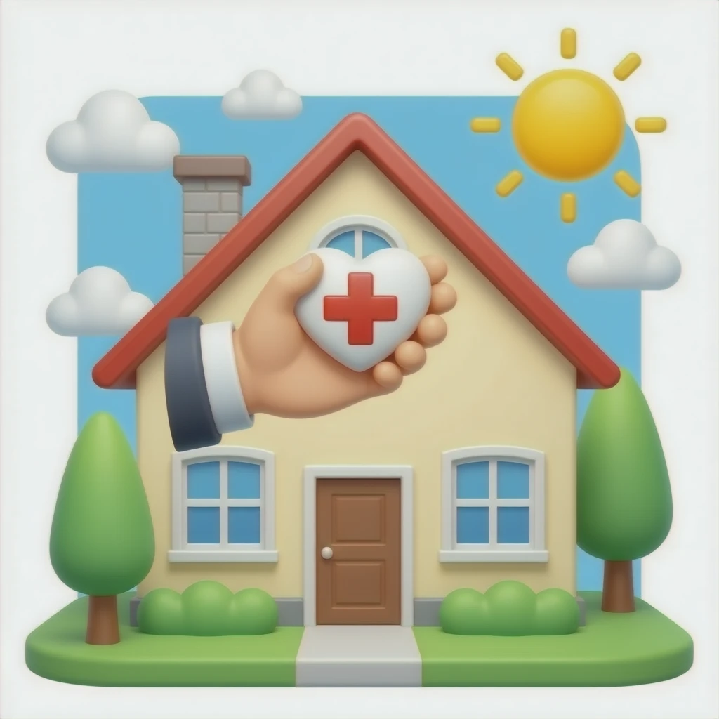 Una casa con una mano sosteniendo un corazón con una cruz roja emoji