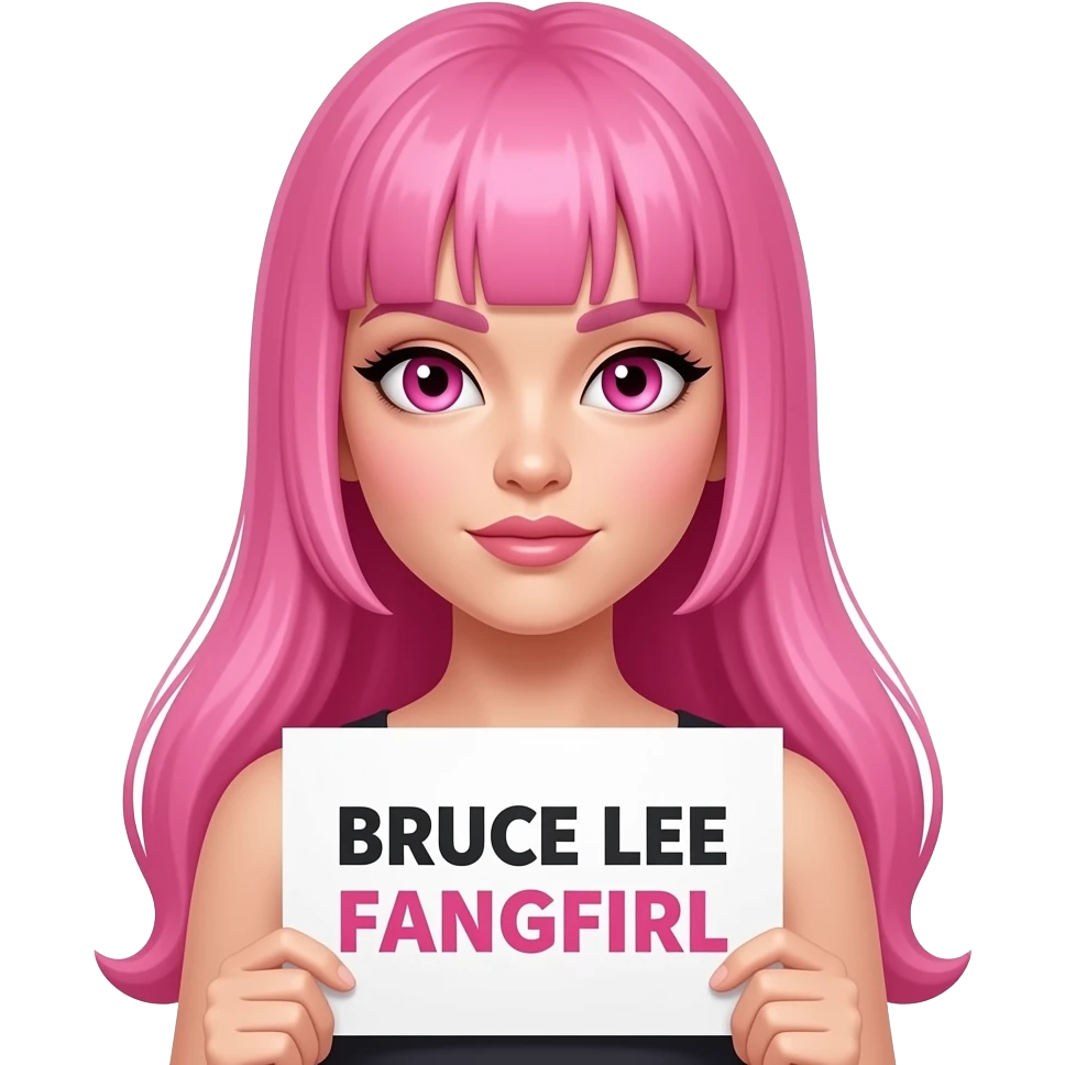 sexy girl with long pink hair and pink eyes holding BRUCE LEE FANGIRL sign emoji