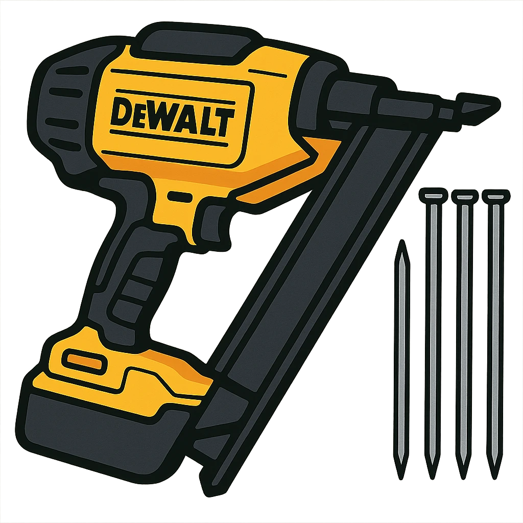 cartoon style DeWalt nail gun, yellow and black, with nails emoji