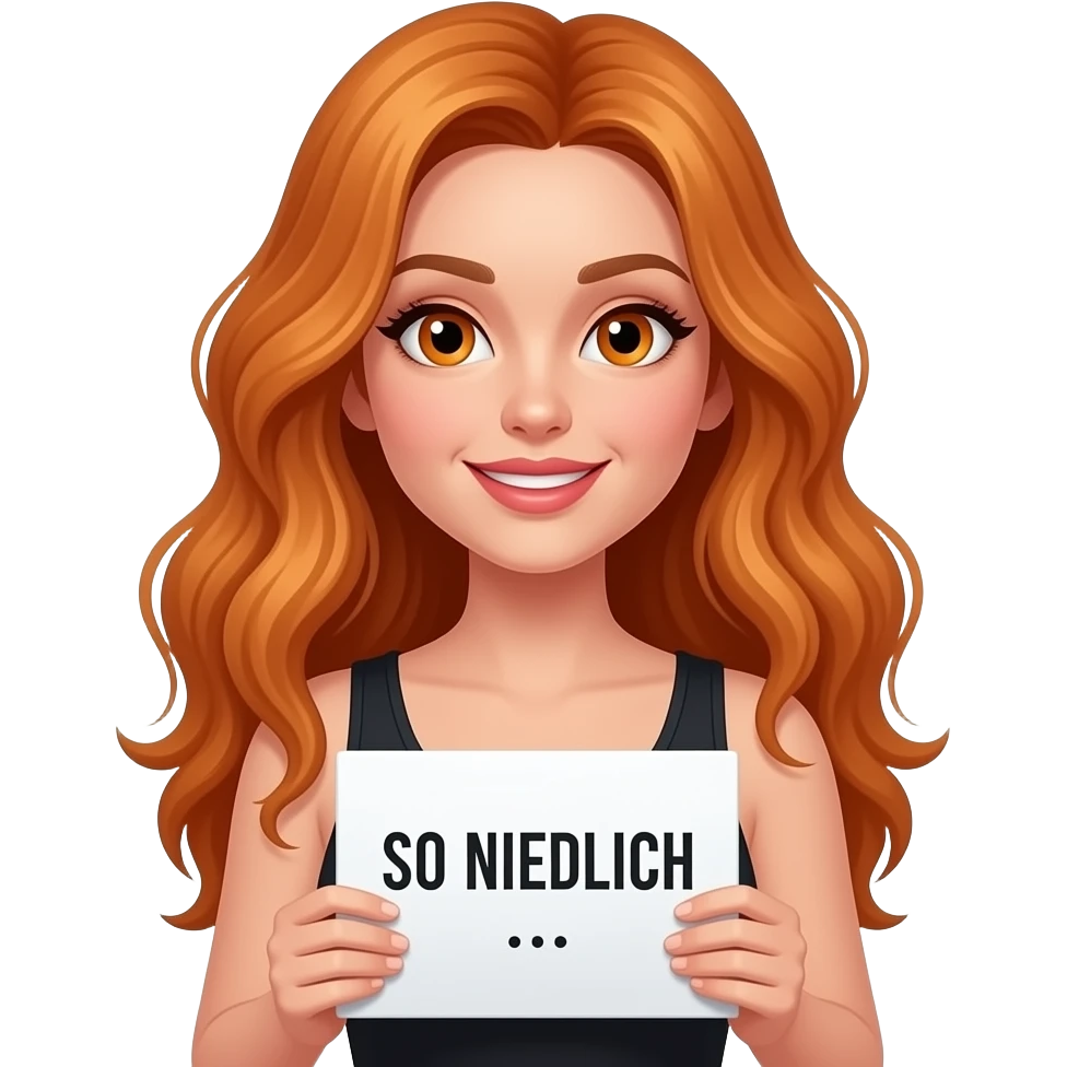 sexy girl with long wavy ginger hair and ginger eyes wearing a black tanktop is holding a white sign with SO NIEDLICH... written on it emoji