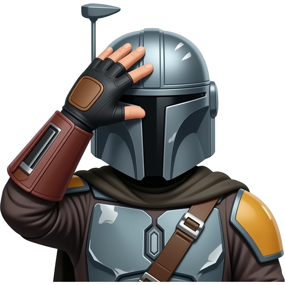 mandalorian Covers face with hand, embarrassed,    Use classic mandalorian from last images, put a fingerless glove on the hand, PUT THE HAND OVER THE FOREHEAD emoji