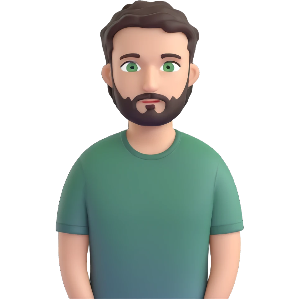 man with dark messy short hair, dark green eyes, gray T-shirt, and short beard emoji