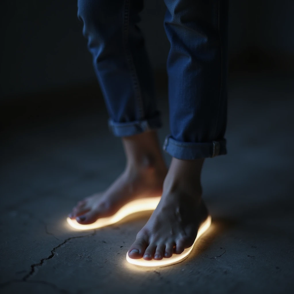 realistic 4K woman walking with insole, luminous trail follows first steps then fades, woman appears tired to show temporary benefit emoji
