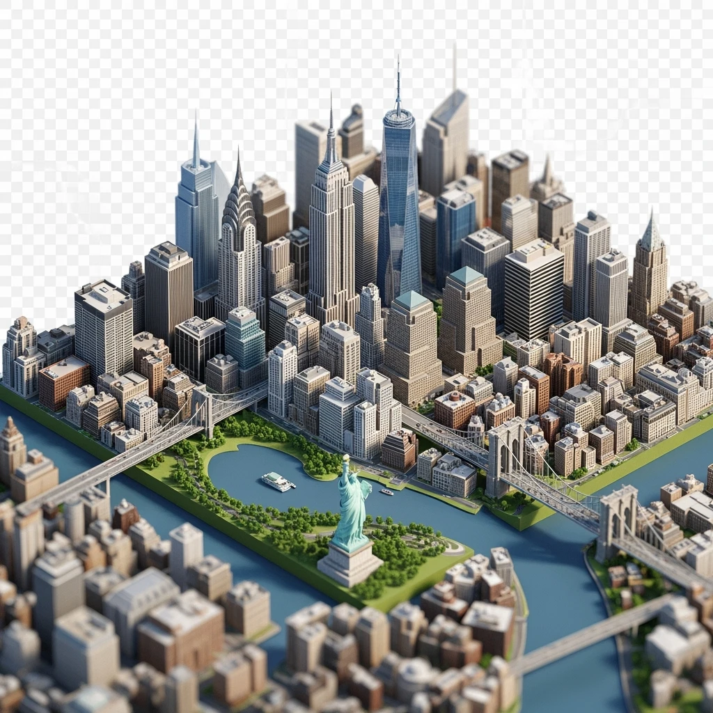 Isometric miniature of New York Сity Empire State Building, Chrysler Building, One World Trade Center, Statue of Liberty, Brooklyn Bridge, and Central Park chaotic low-rise blocks in outer boroughs 3D miniature effect and Tilt Shift effect, no cartoonish look, transparent background. emoji