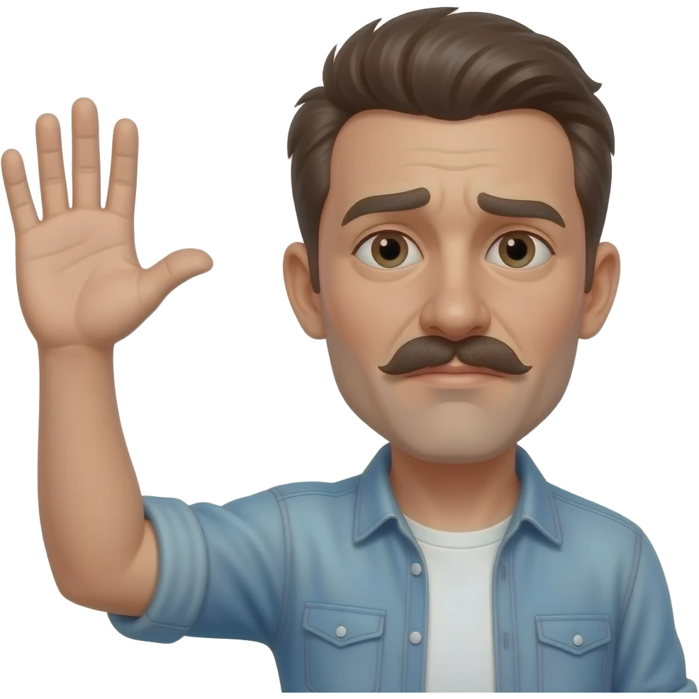 Failed artist with short mustache and no beard raising his hand at 45 angle while his fingers are open emoji