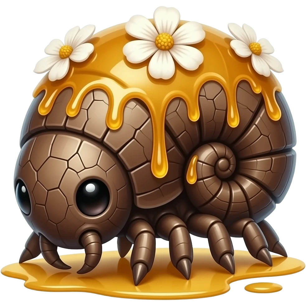 Saprawl A slow forest crawler with sticky amber sap running through cracks in its bark-like body. it's made of bark but has a few flowers blooming emoji