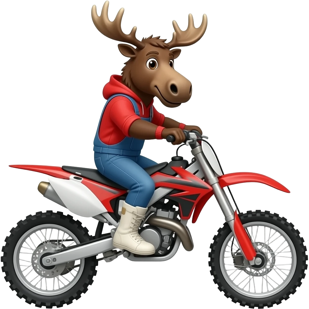 A moose on writing gear riding a dirt bike emoji