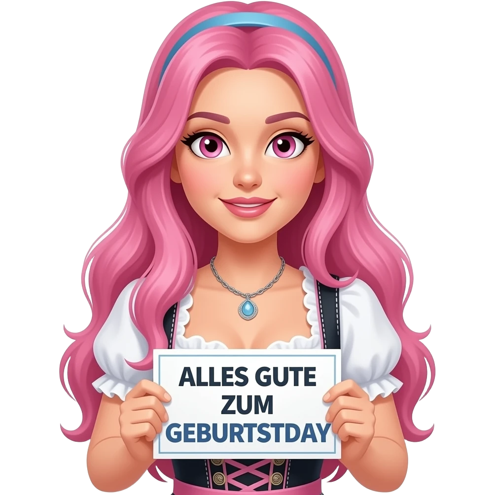 sexy girl with long pink hair and pink eyes wearing a dirndl holding a ALLES GUTE ZUM GEBURTSTAG sign emoji