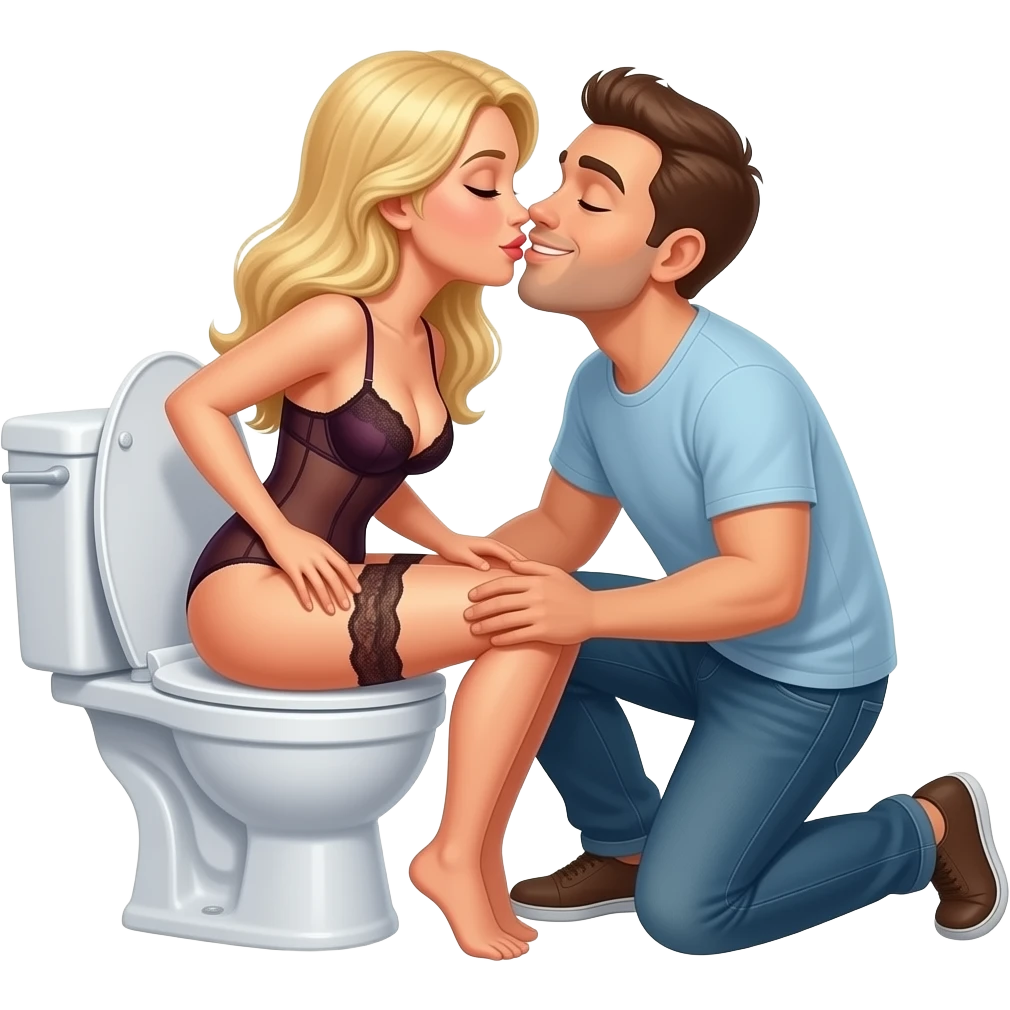 White blonde woman in lingerie sits backwards on open toilet spreading her butt cheeks open while man kneels behind her kissing her butt. Eyes closed smiling emoji
