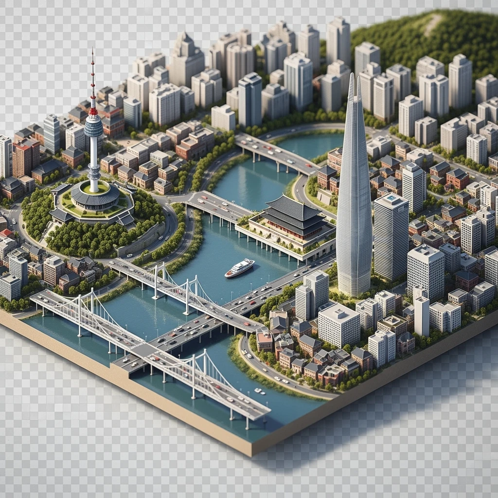 Isometric diorama of Seoul typical houses, Namsan Seoul Tower, Gyeongbokgung Palace, Lotte World Tower, Dongdaemun Design Plaza, and Han River bridges, 3D miniature effect and Tilt Shift effect, no cartoonish look, transparent background. emoji