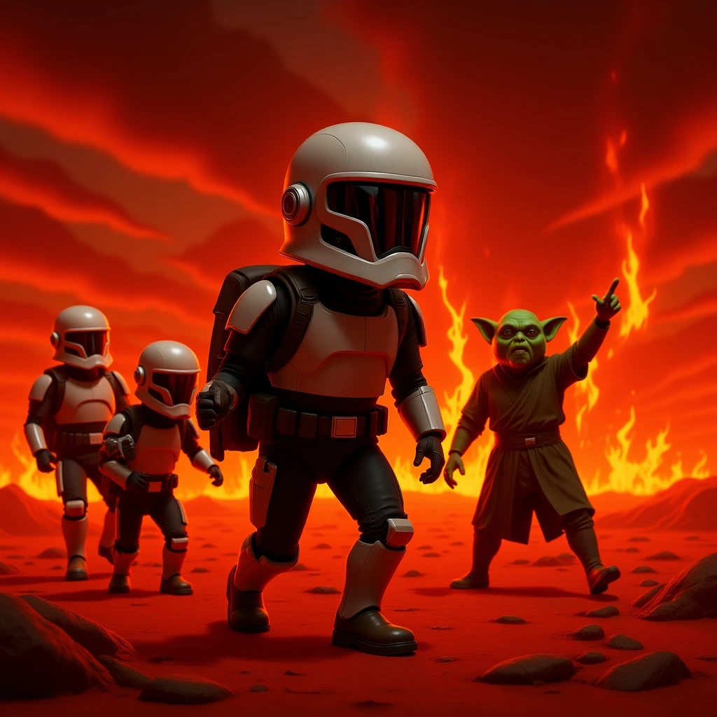 make digital poster art of Camera POV, Starwars stormtroopers vlogging selfie, he is walking on lava planet with yoda
 emoji