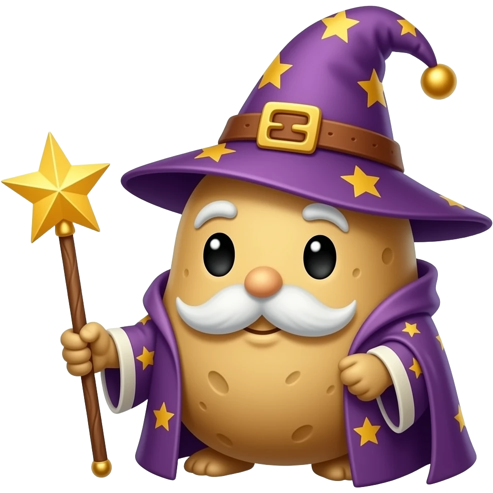 A potato wizard character with a wand emoji