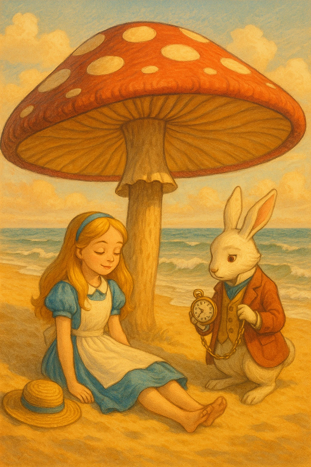 Alice and the White Rabbit enjoying a beach day under a mushroom-shaped umbrella, fantasy illustration, warm colors, gentle waves in background emoji