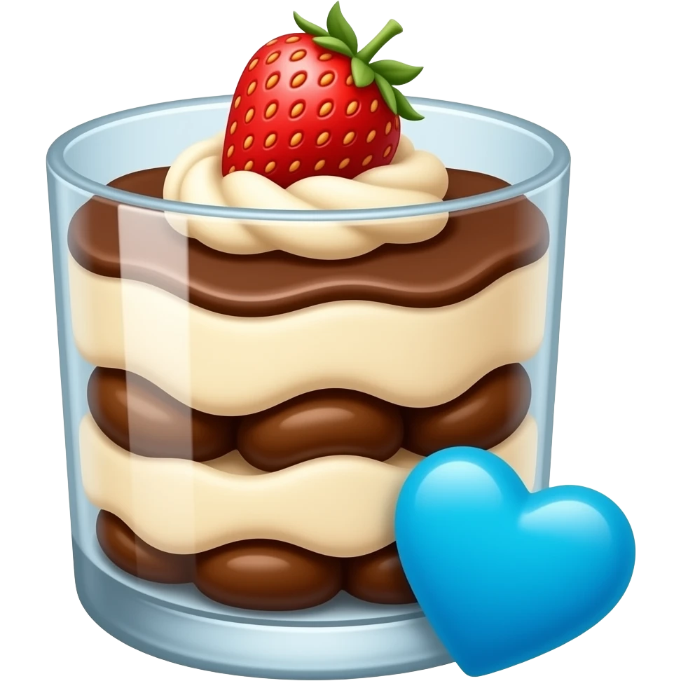 basic cocoa tiramisu with a strawberry in a large glass and with 🩵 emoji
