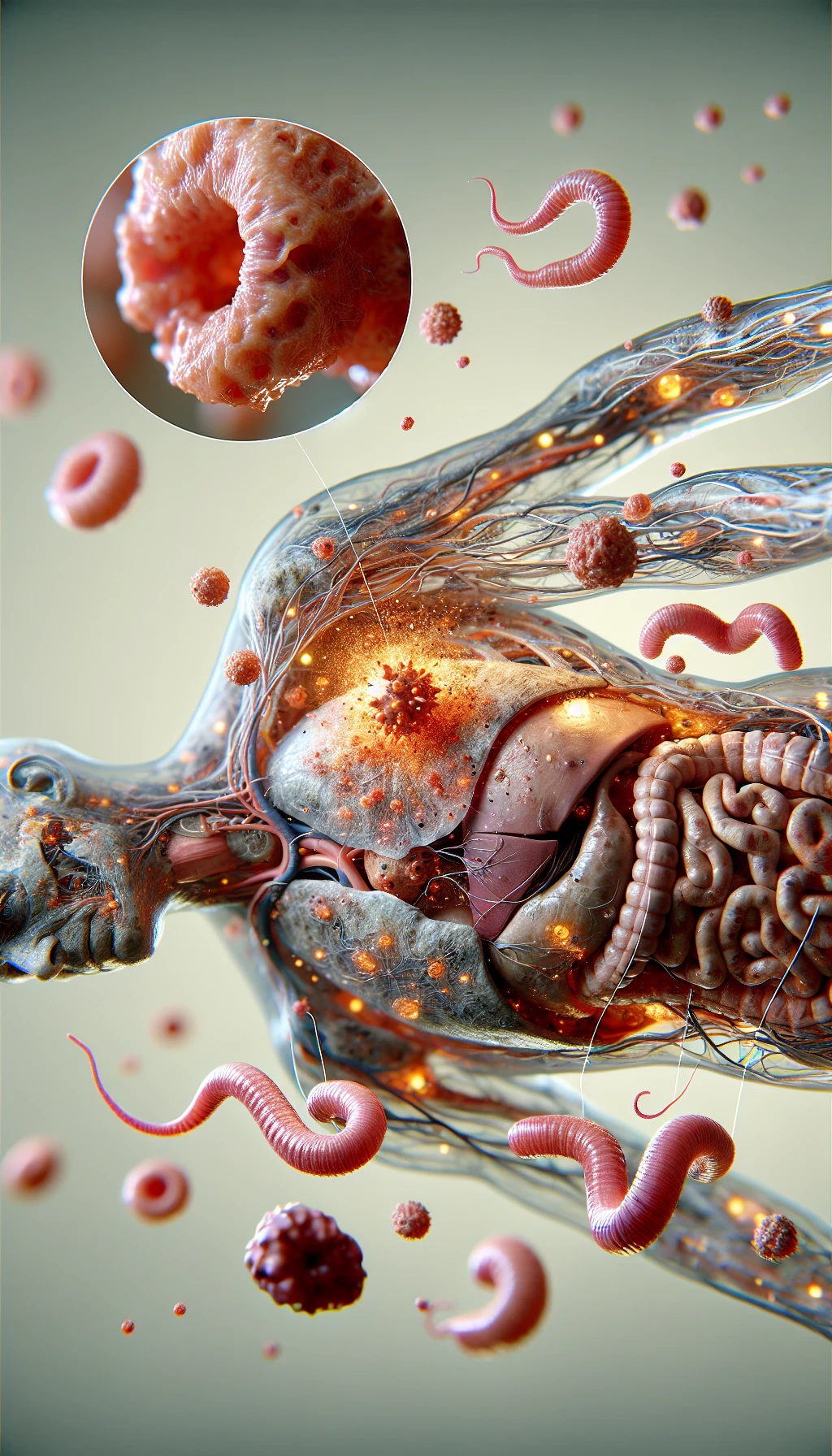 corpo umano anatomico con cellule tumorali intorno, cancro e malessere generale, parassiti come la tenia intorno, sfondo neutro chiaro, iperrealistico 4k emoji