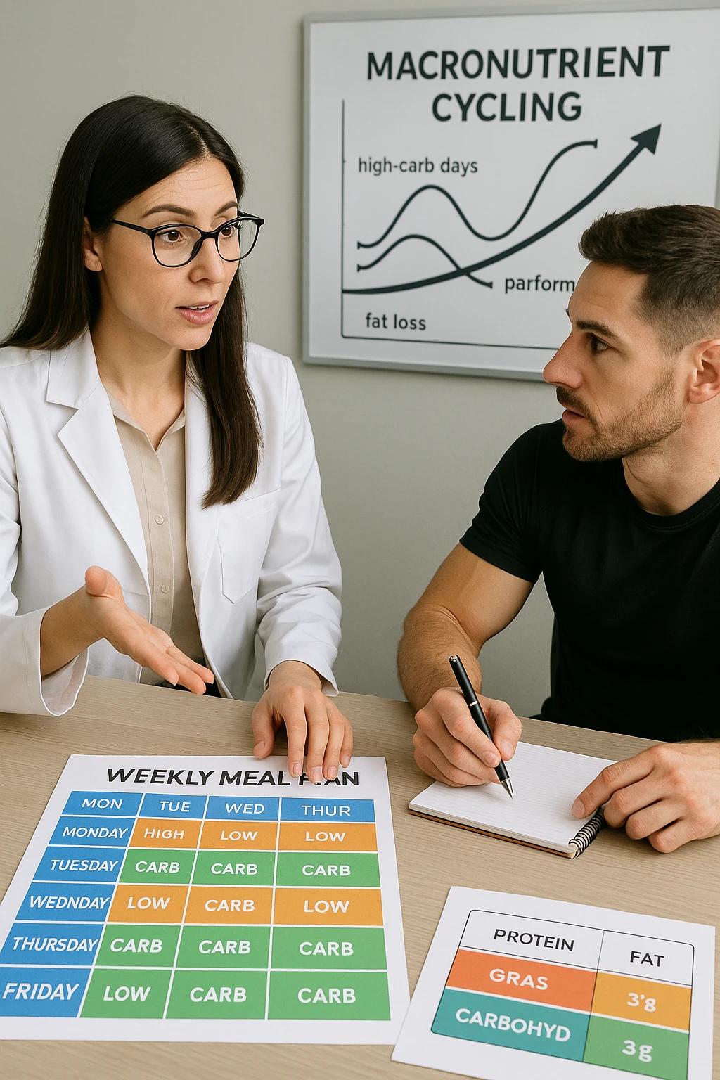 a nutritionist explains to an athlete how to cycle macronutrients for fat loss and training. On the desk, a weekly meal planner shows alternating high-carb and low-carb days, with color-coded sections for proteins, fats, and carbs. The athlete takes notes, and a chart in the background illustrates the benefits of nutrient cycling. The mood is professional and educational. scritto in italiano emoji