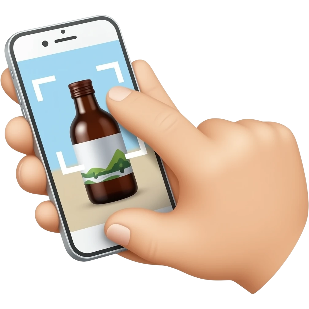 hand gripping a smartphone, phone camera pointed at a bottle , scanning action, no text emoji
