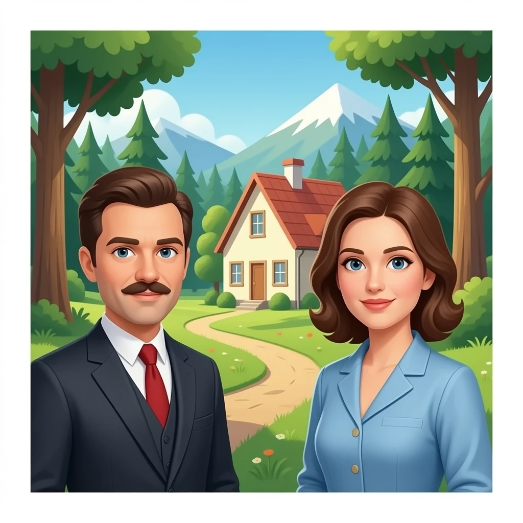 un publo con un bosque y casa de epoca 2026 con personas que sea realistas unseñor y una señota emoji