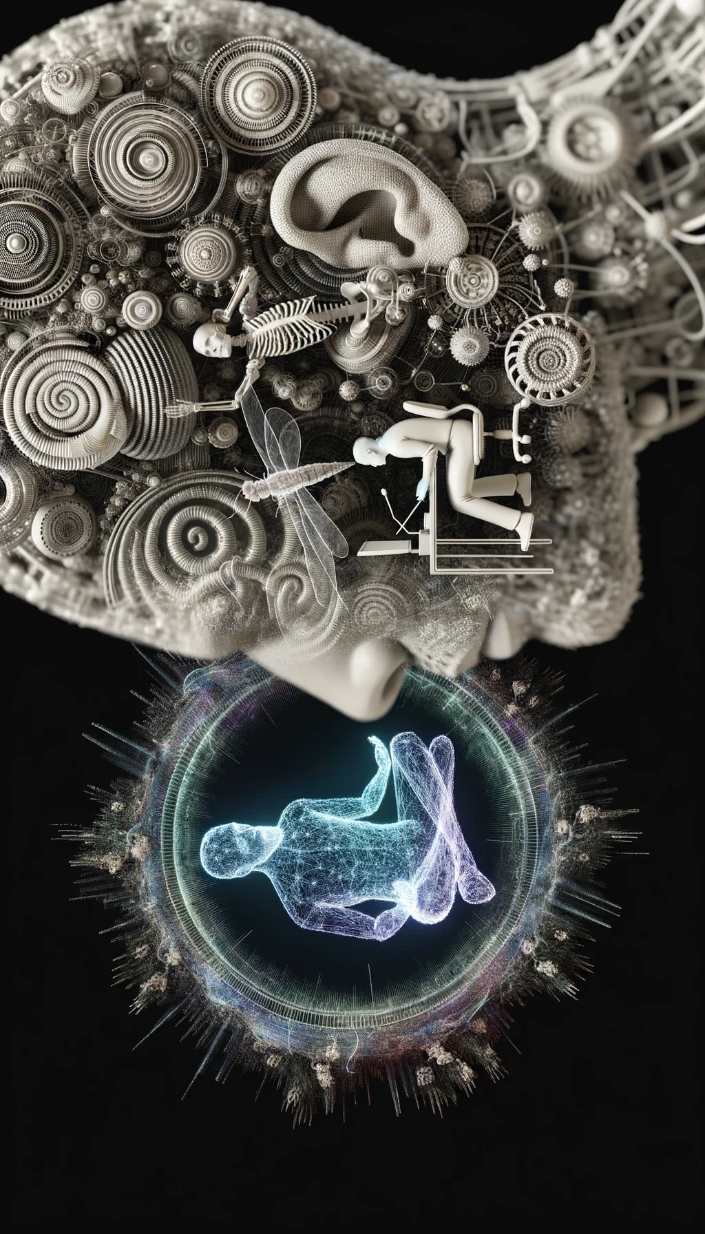 corpo umano anatomico che parla ma sopra di lui c'è il muto, un altra persona lo ascolta, immagine iperrealistica 4k emoji