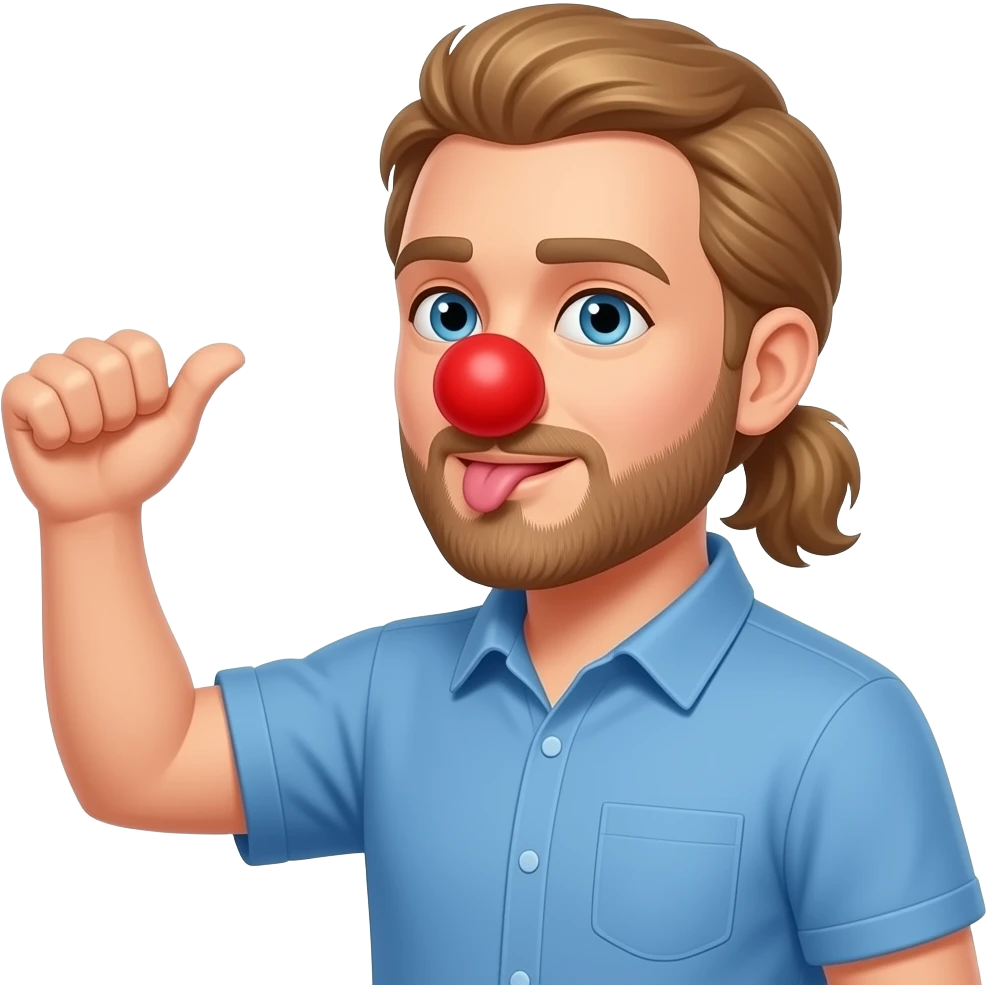 Very long light Brown hair behind the back on a man in blue shirt throwing a hand up like 💁‍♂️ with beard Licking butt with red foam clown nose in Apple person emoji format emoji