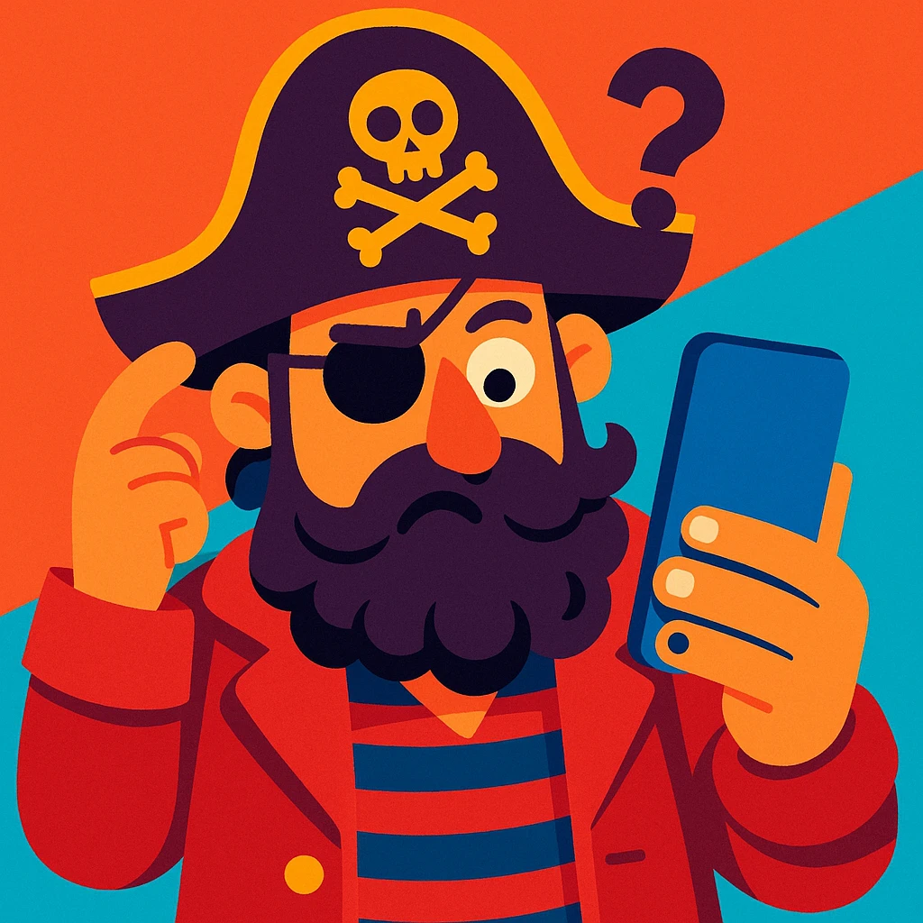whimsical illustration of a pirate captain holding a smartphone upside down, puzzled emoji
