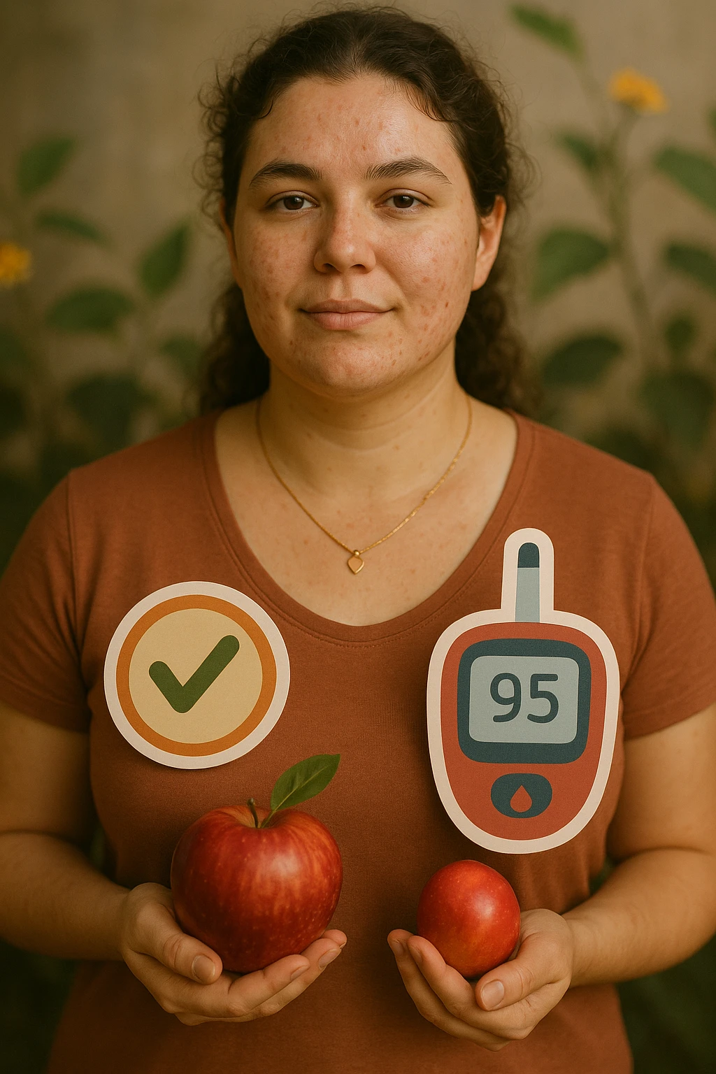 realistic cinematic portrait of a woman with PCOS, stable blood sugar thanks to proper nutrition, serene expression, symbols of health and well-being, vertical 2:3 aspect ratio, very few text emoji