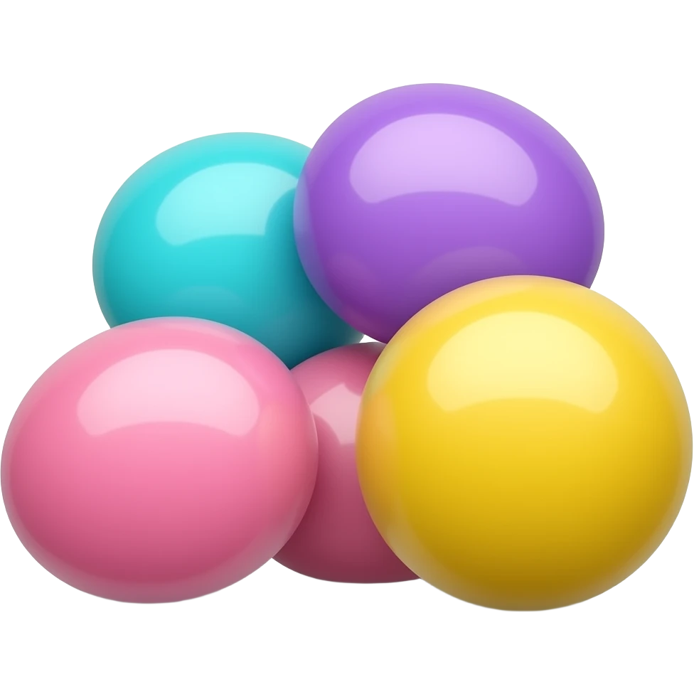 6 bonbons jelly beans ronds, poignée de jelly beans au sol qui se touche, multicolore pastel clair, turquoise mauve rose jaune emoji