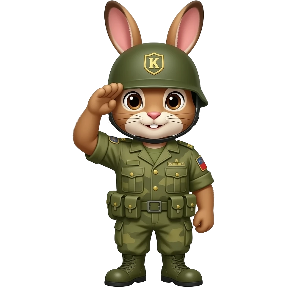bunny in army fatigues saluting  text K B on helmet emoji