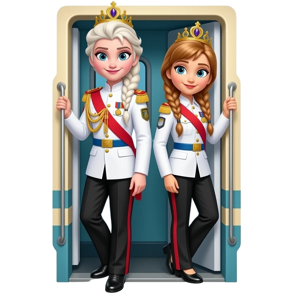 Elsa and Anna from disney frozen movie are same wearing gold tiara white military tunic arm badge shoulder cord medal red sash blue belt black trouser with both side red stripe white shoes and they both lean out of kolkata Indian suburban passenger train door add bidhannagar road West Bengal India emoji