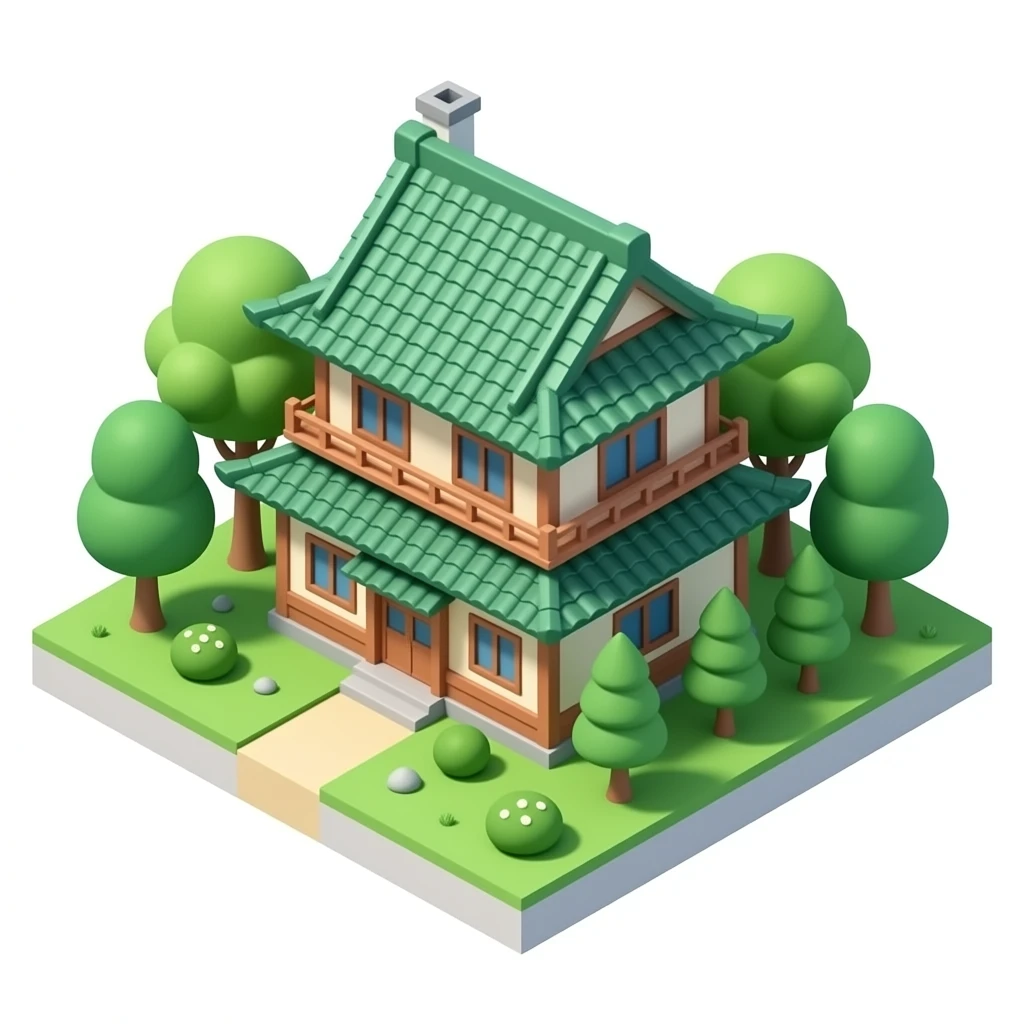 Japanese double floor house with green roof old style no background and trees only house 3d png emoji