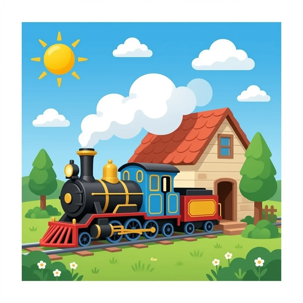 10000 steam locomotives as pets on a outside of a house and a blue sky clouds and a sun emoji