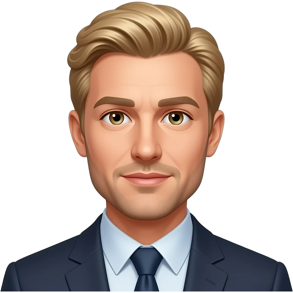 40-year-old organisation consultant, white, slim, narrow small head, blonde wavy hair, ,hazel eyes, straight eyebrows, light facial hair in suit and tie emoji