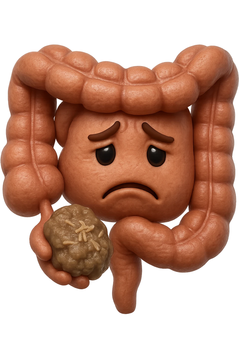 EMOJI STILE IPHONE 3D DI un intestino con espressione triste mentre tiene in mano delle fibre fermentate a poltiglia, FALLO MOLTO REALISTICO IN 3D emoji