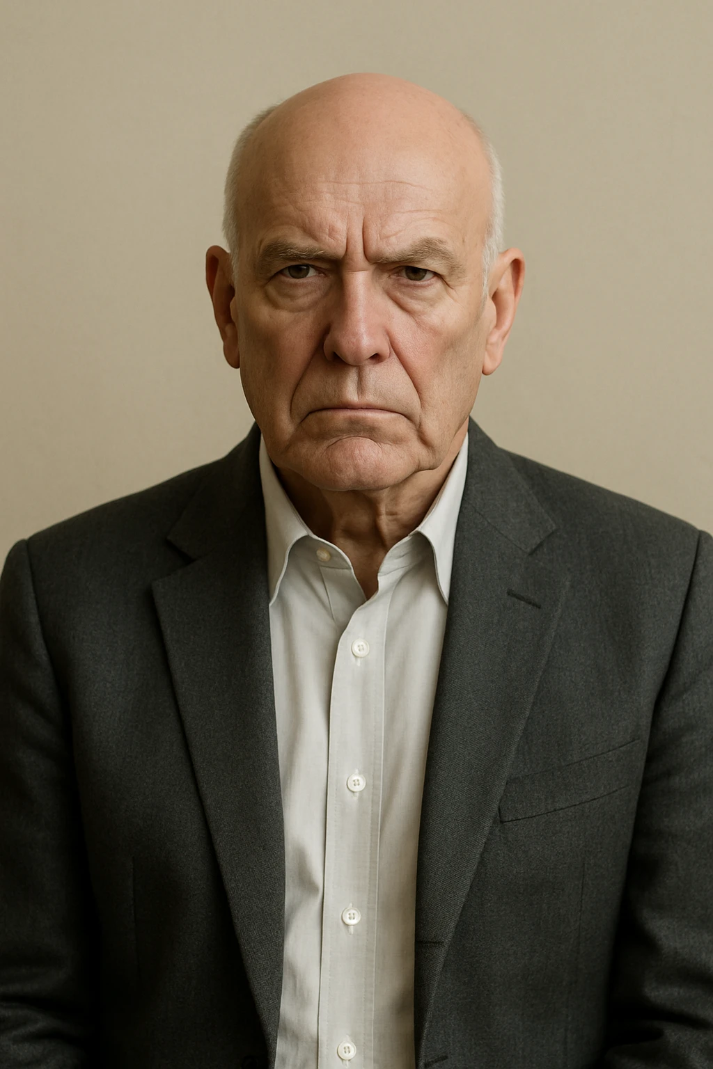 old bald professional man, blazer, serious look, plain background emoji