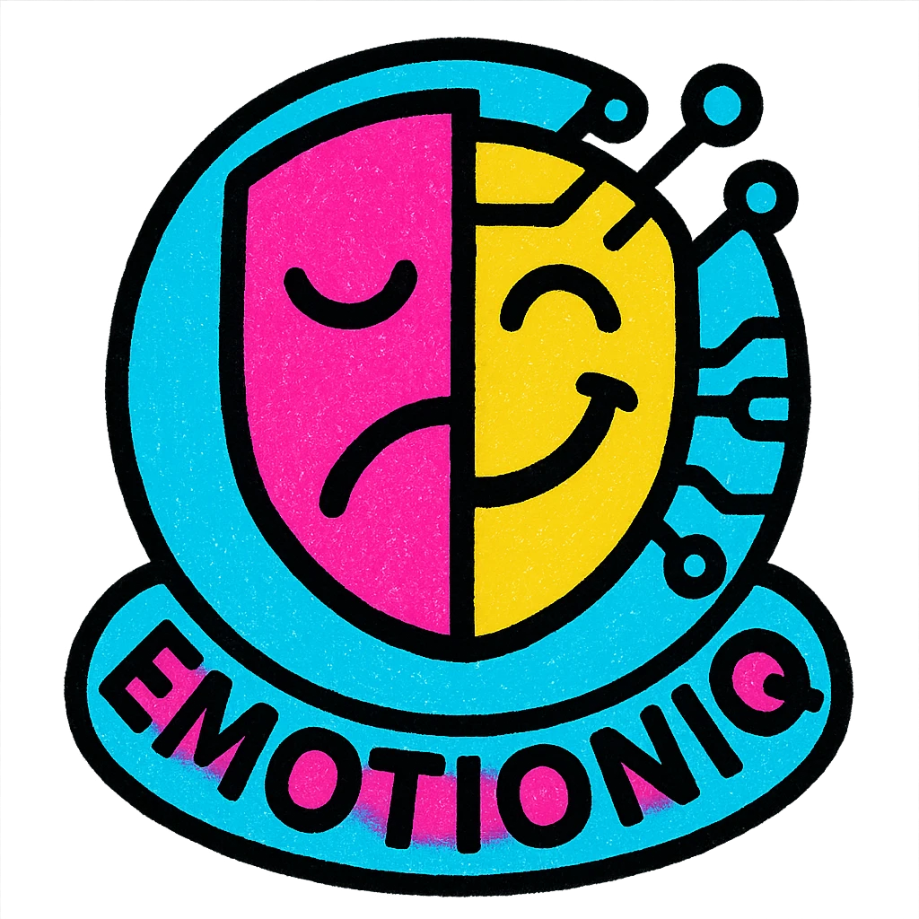 badge for EmotionIQ: a smiling and frowning mask, half organic half digital, with circuit patterns, symbolizing AI decoding human feelings, bold contemporary style emoji