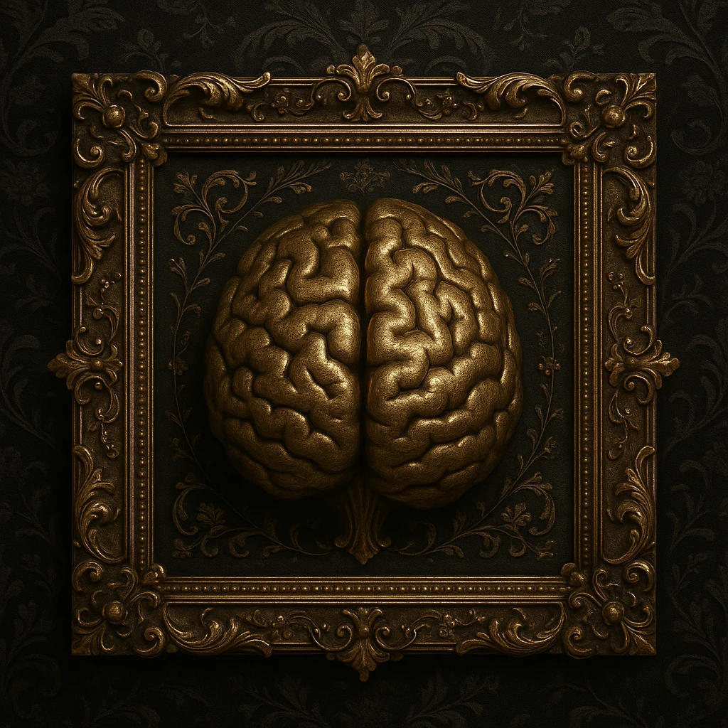 ultrarealistic 3D metallic old gold brain emoji symbolizing common sense, main symbol classic arcane mysterious, inside ornate gold frame echoing interior floral and arcane elements, set against dark black Victorian silk patterned background with ornate gothic florals, high definition, dramatic, mysterious, inspired by reference art emoji