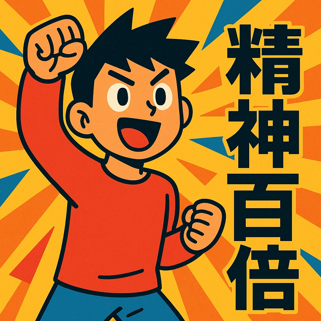 vibrant toon style character with dynamic background, showing '精神百倍' emoji