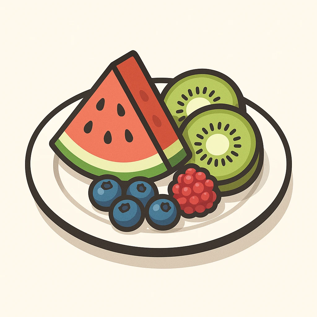 a plate with sliced watermelon kiwi and berries in 2D isometric illustration style emoji