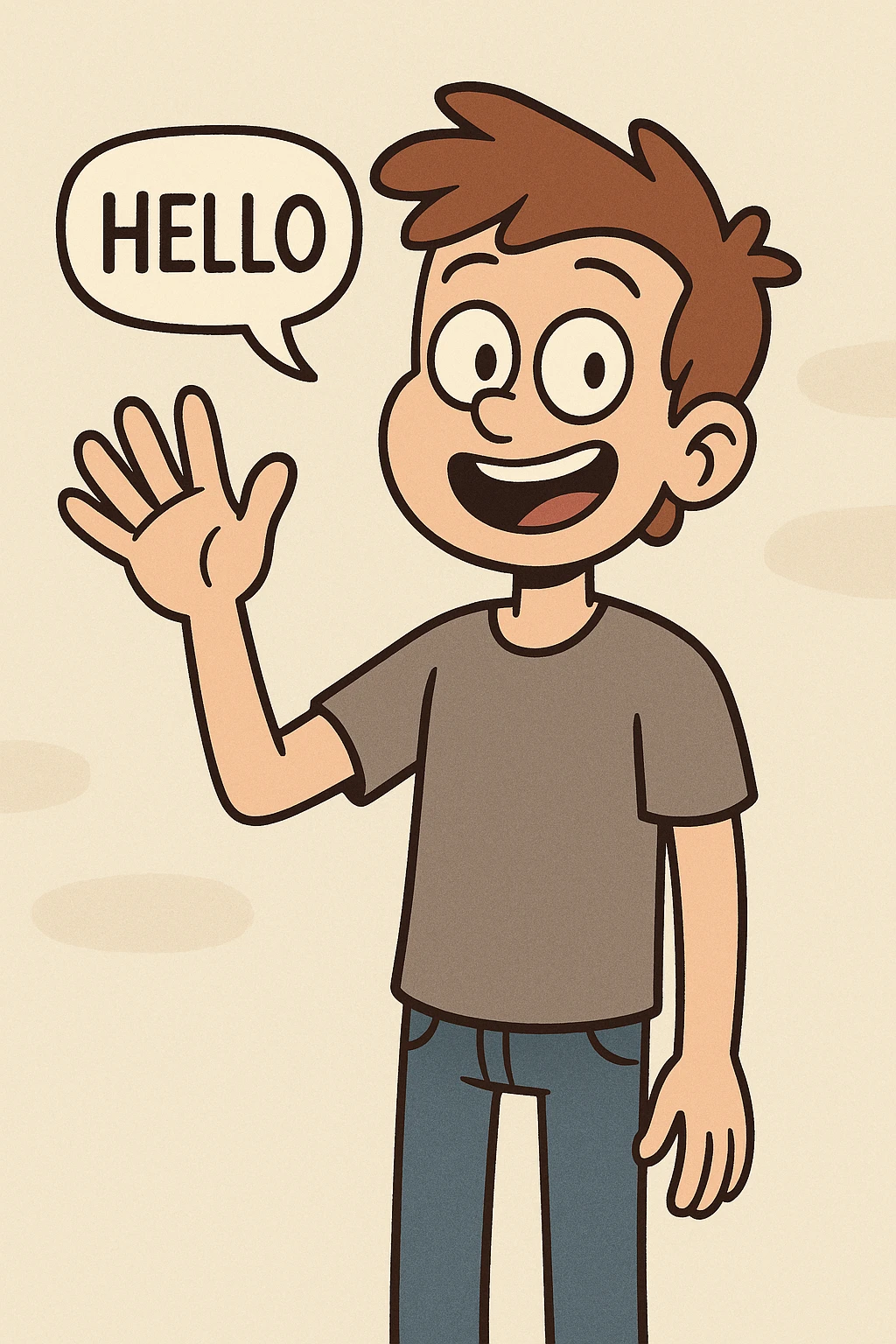 A boy grey shirt blue jeans a hand say hello  emoji